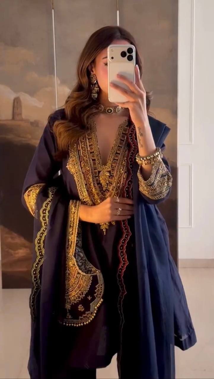 Timeless Grace Blue Gold Embroidery Ensemble