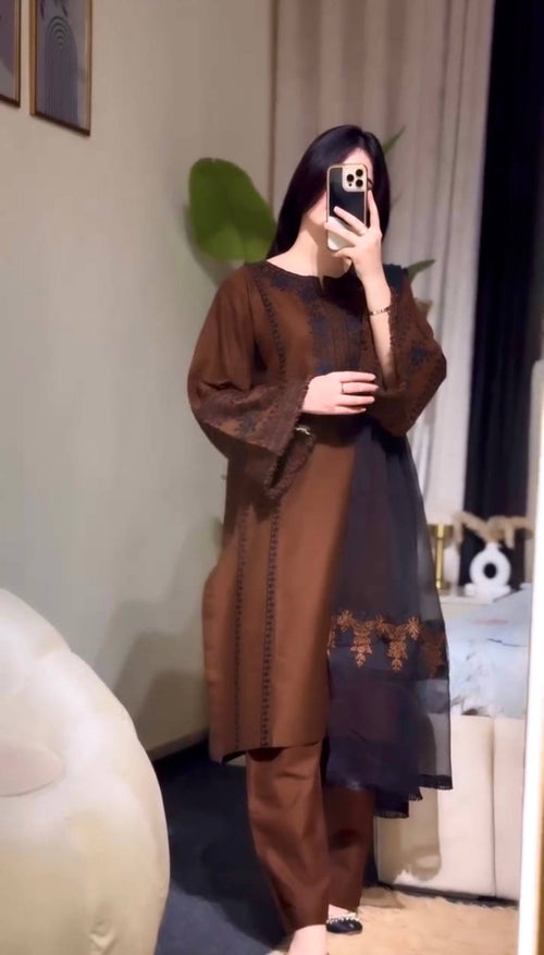 Brown embroidered salwar suit with dupatta