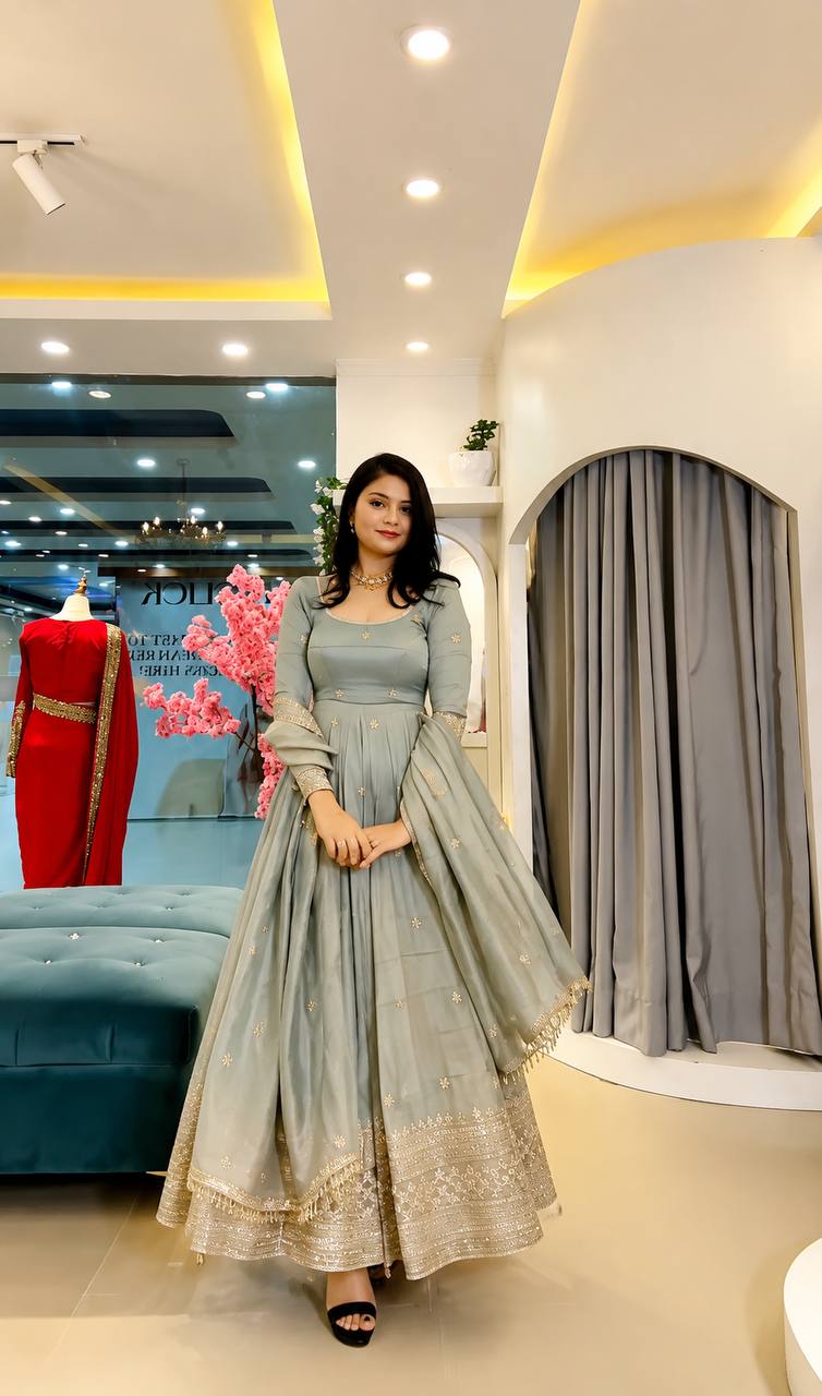 Embroidered Anarkali gown with matching dupatta