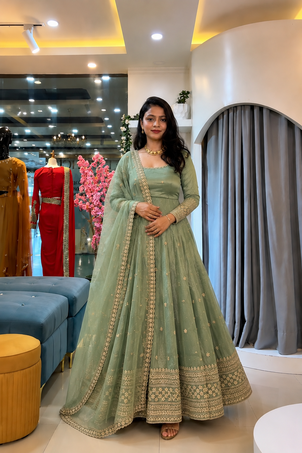 Elegant embroidered anarkali gown with dupatta